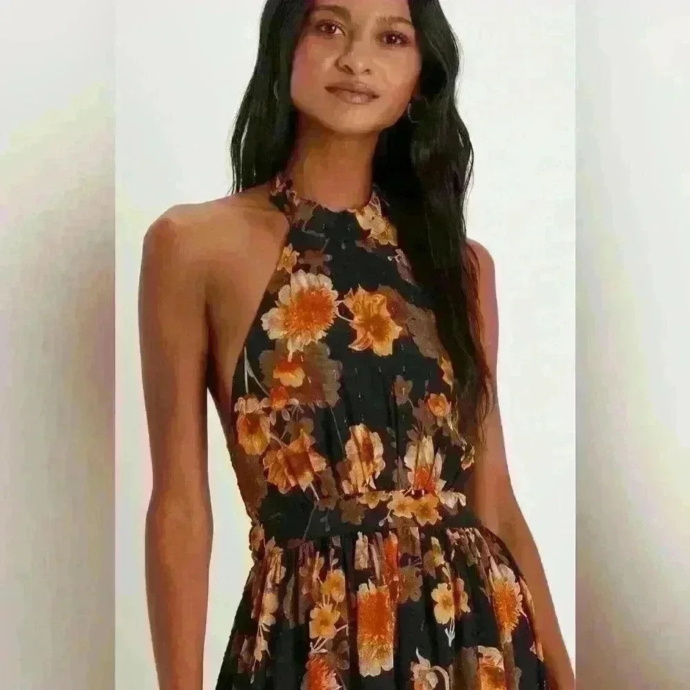 Lulu's Black Floral Midi Dress with Gold & Rust Blooms - Picture 8 of 9